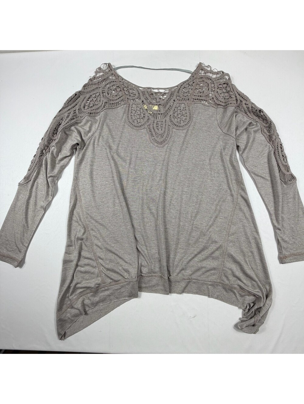 Kori America Women's Taupe Long Sleeve Top with Crochet Detail Size Small
